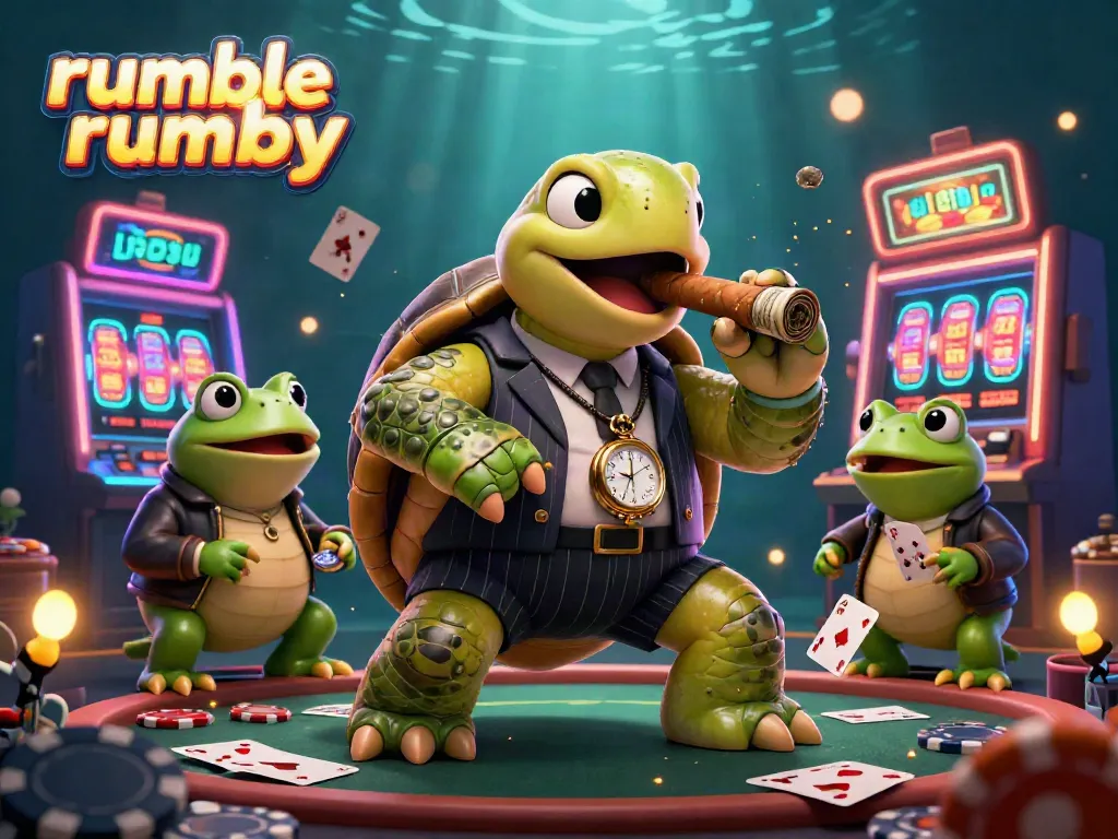 Engaging scene of rumble rummy featuring a snapping turtle in a mobster suit alongside bullfrog enforcers, set in a vibrant casino atmosphere.