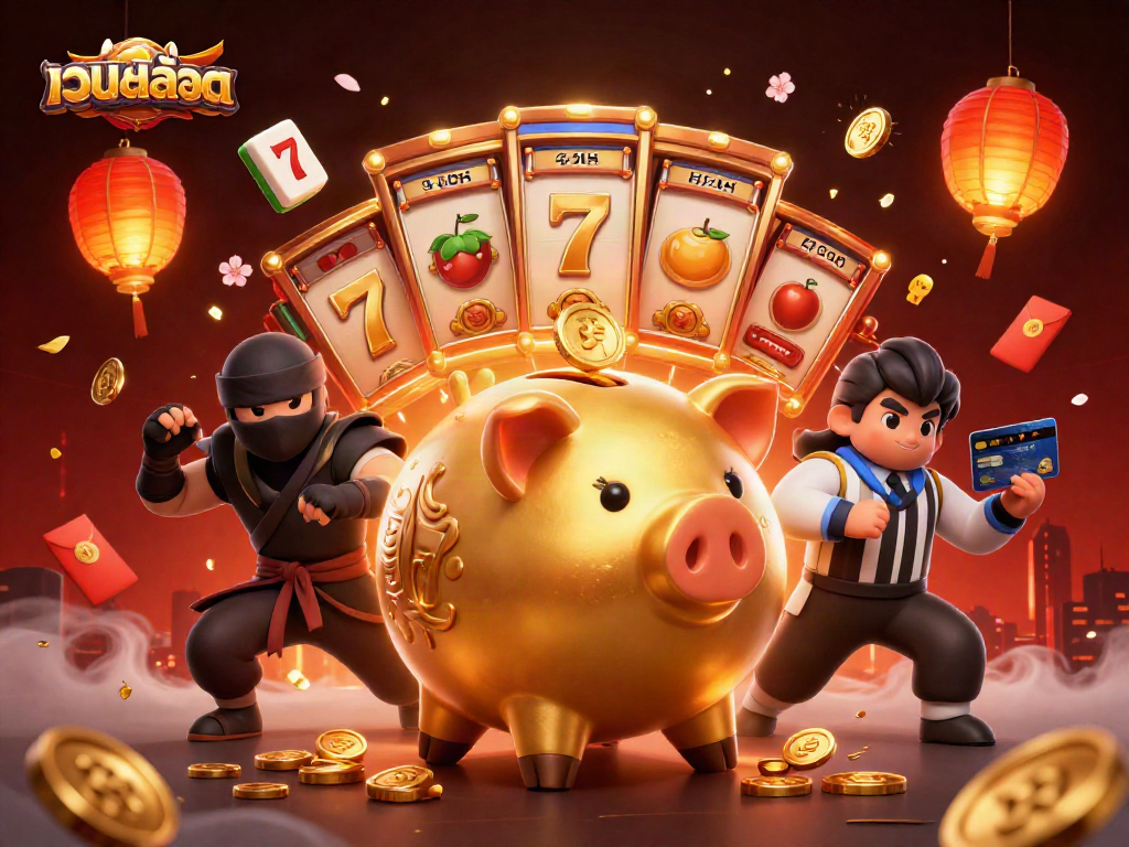 Engage with เว็บสล็อต through vibrant 3D visuals featuring a dynamic golden piggy bank summoning coins.