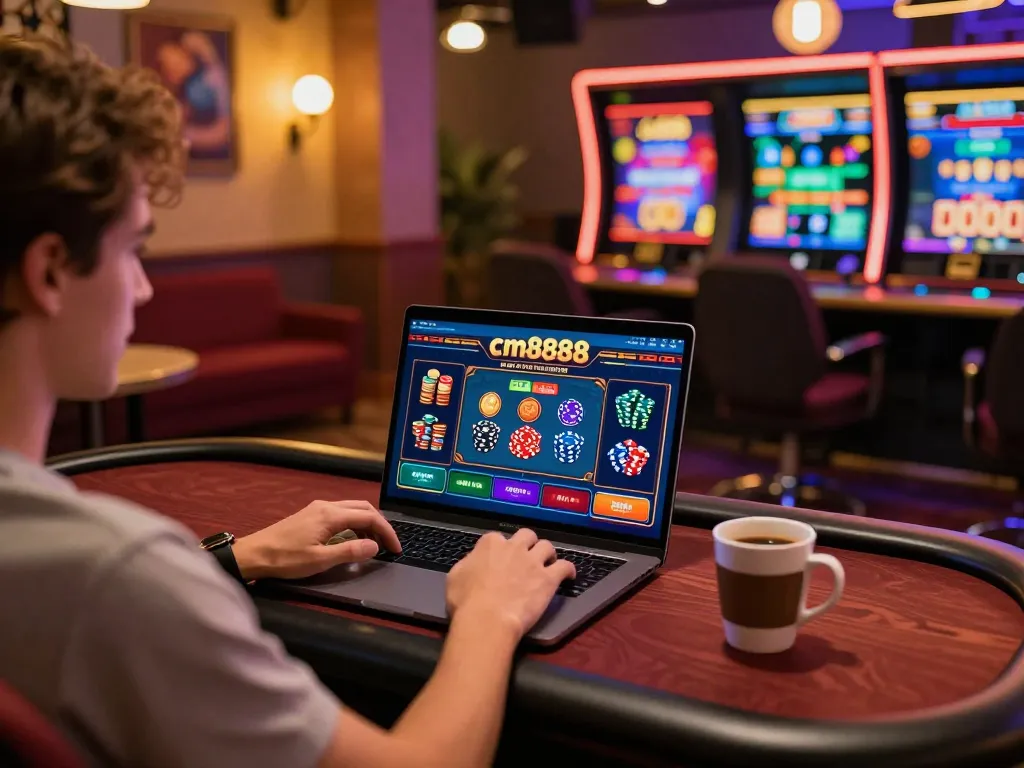 Player engaging in cm8888 online casino game, showcasing an inviting home setup with vibrant decor