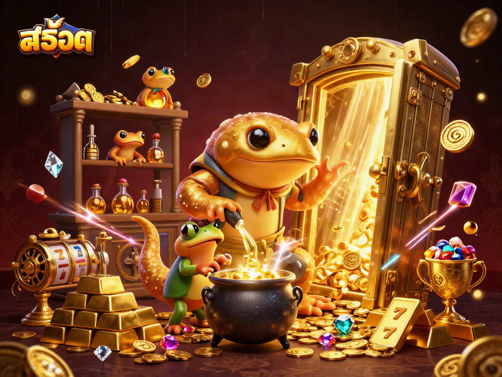 Spin the สล็อต slot reels in this vibrant 3D scene of a golden alchemist and his frog apprentice.