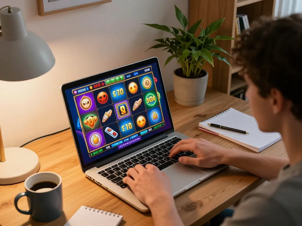 Engaging gamer strategizing winning slot spins from home office setup, showcasing excitement.