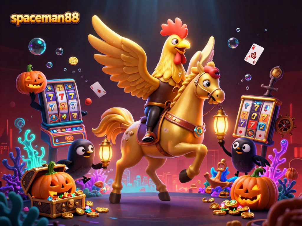 Play thrilling games at spaceman88 with golden rooster in a vibrant casino scene.