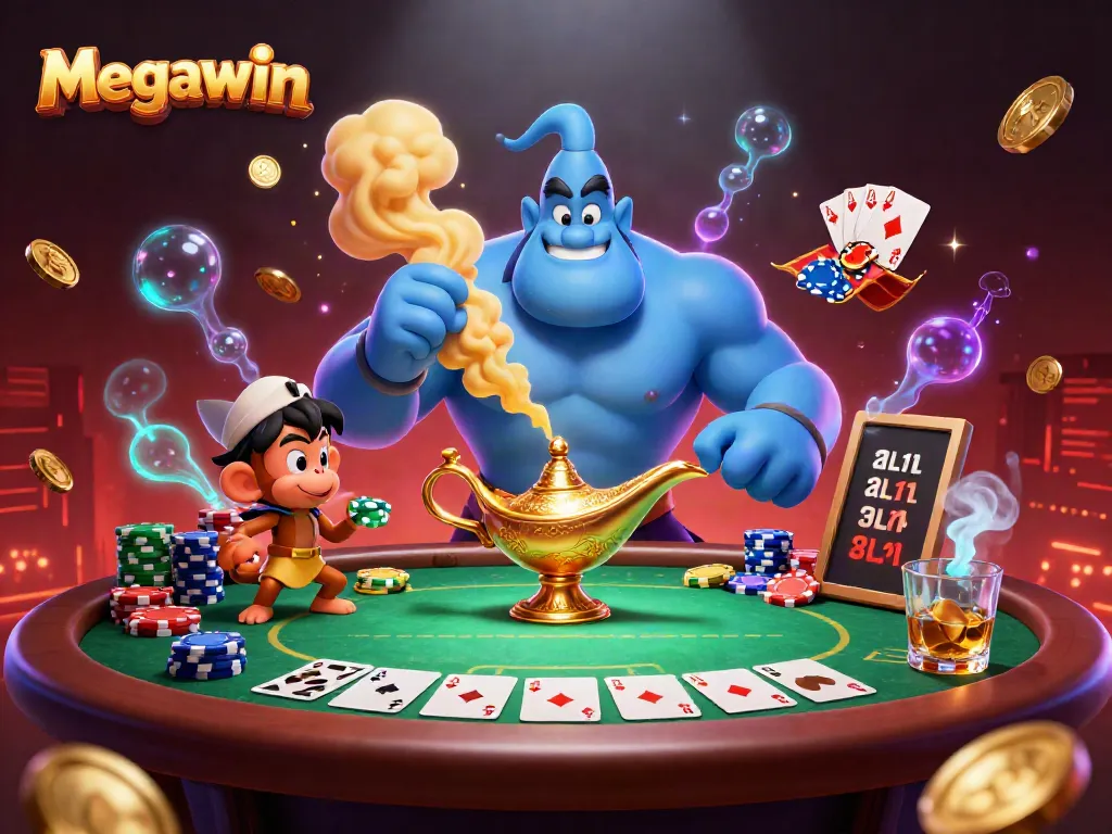 Megawin menghadirkan suasana bermain slot yang mengasyikkan dengan jin, monyet, dan kartu poker.