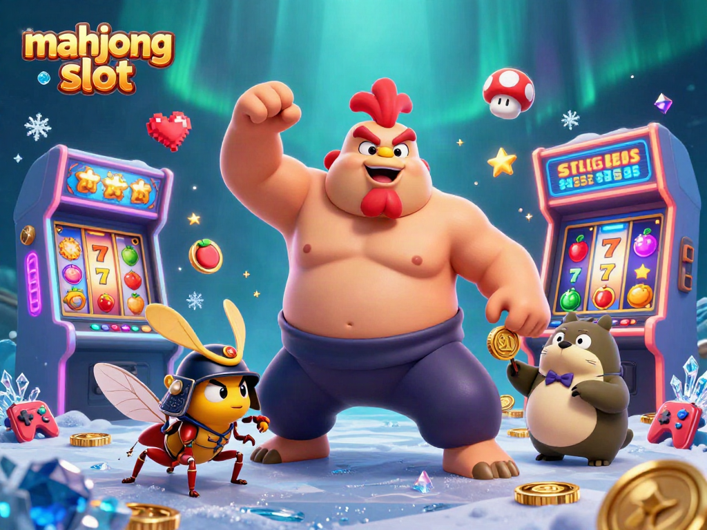 Experience the thrill of mahjong slot with an energetic sumo wrestler rooster and fireworks at the casino