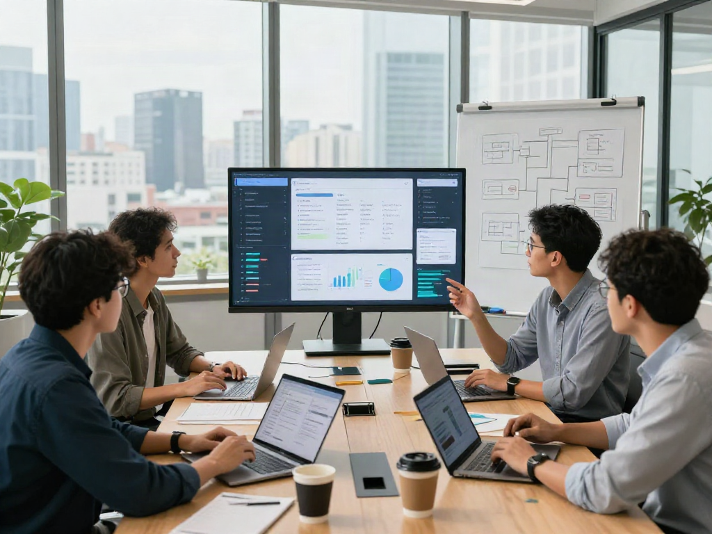 Team collaboration in a modern office workspace discussing digital strategies with displays, klik di sini.