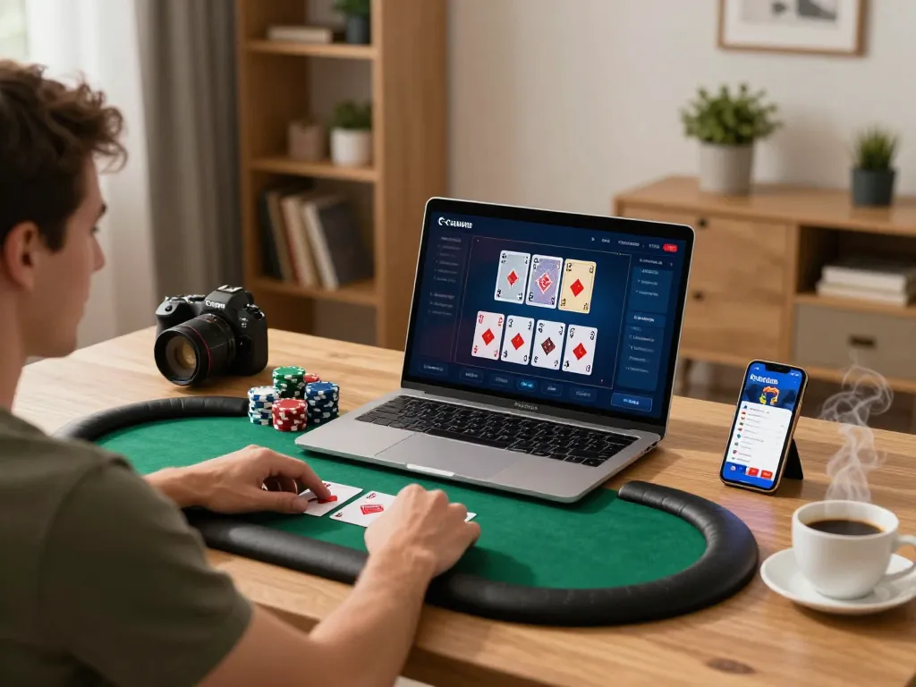 Player enjoying an engaging online poker game on hm88 while sipping coffee at a stylish desk.