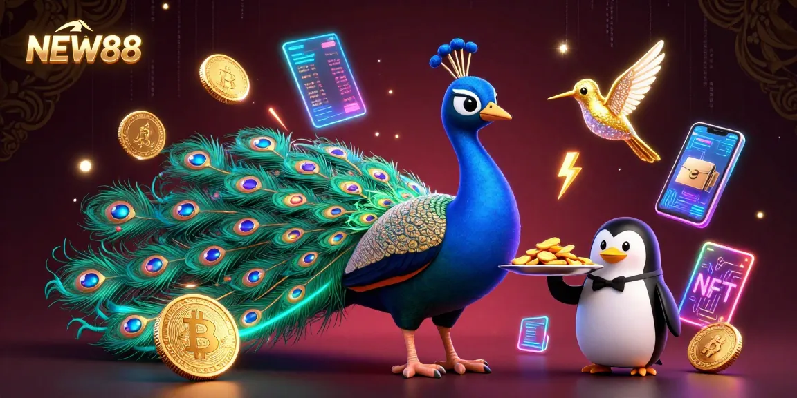 Experience the excitement of NEW88 with a dazzling peacock and captivating casino elements in this vibrant illustration.
