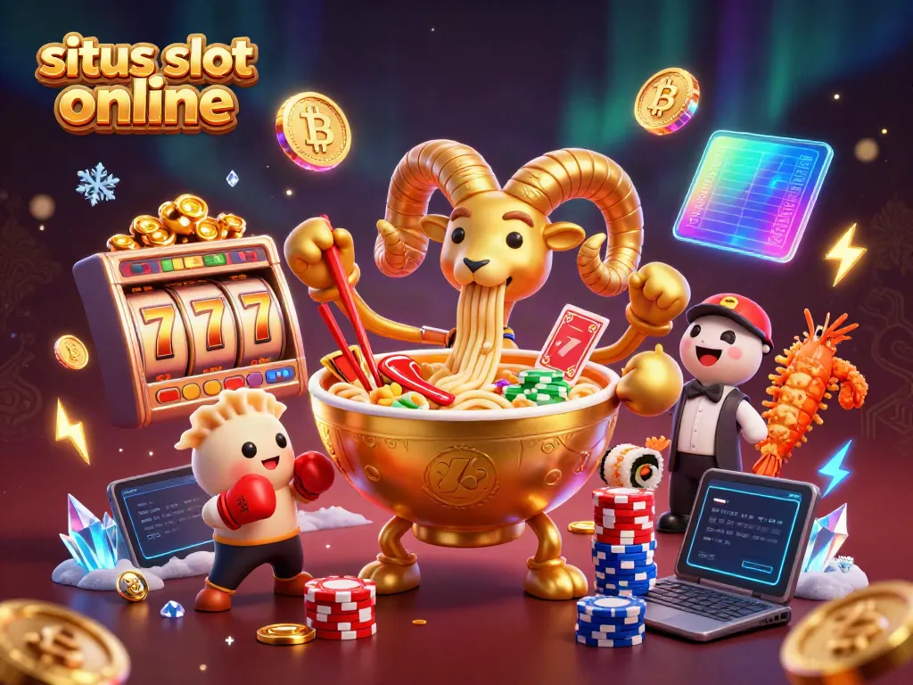Gambar kartun 3D yang menampilkan karakter ramen emas dengan elemen slot, mengungkapkan tema situs slot online.