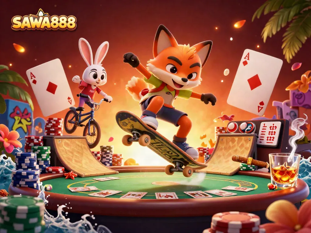Engage with SAWA888's vibrant 3D illustration showcasing a skateboarder fox and BMX rabbit in a casino-themed adventure.