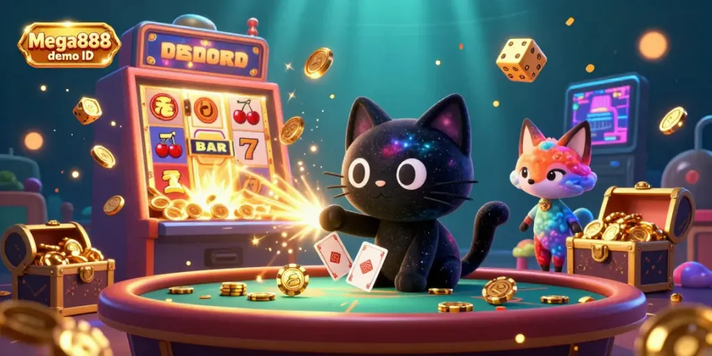 Engage with the Mega888 demo ID through vibrant 3D casino visuals, featuring a cosmic black hole cat and exciting game elements.