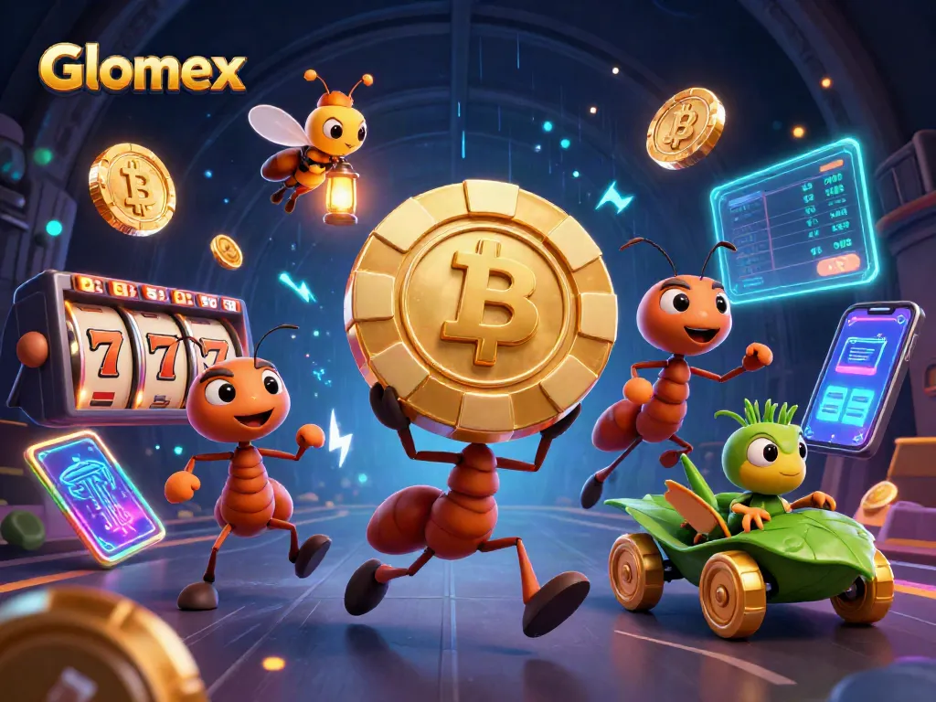 Glomex gambling heist with ants carrying a giant poker chip amidst slot reels and crypto coins