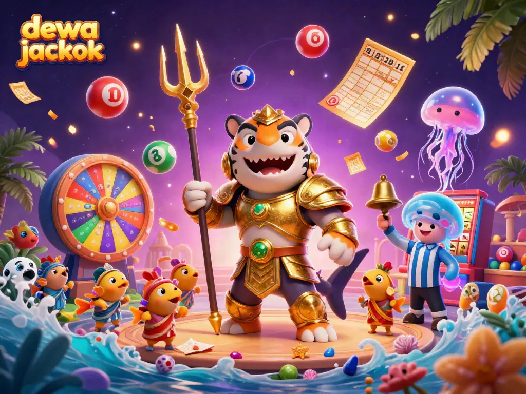 Permainan dewa jackpot menampilkan hiu kartun 3D garang dan elemen jackpot ceria.