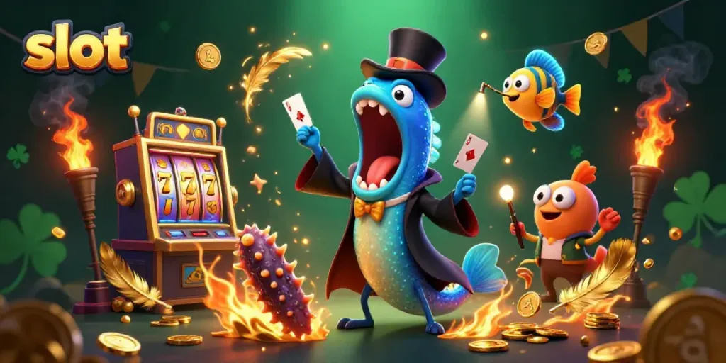 Engaging slot machine scene with animated characters performing magic tricks, inviting players to enjoy spinning reels.