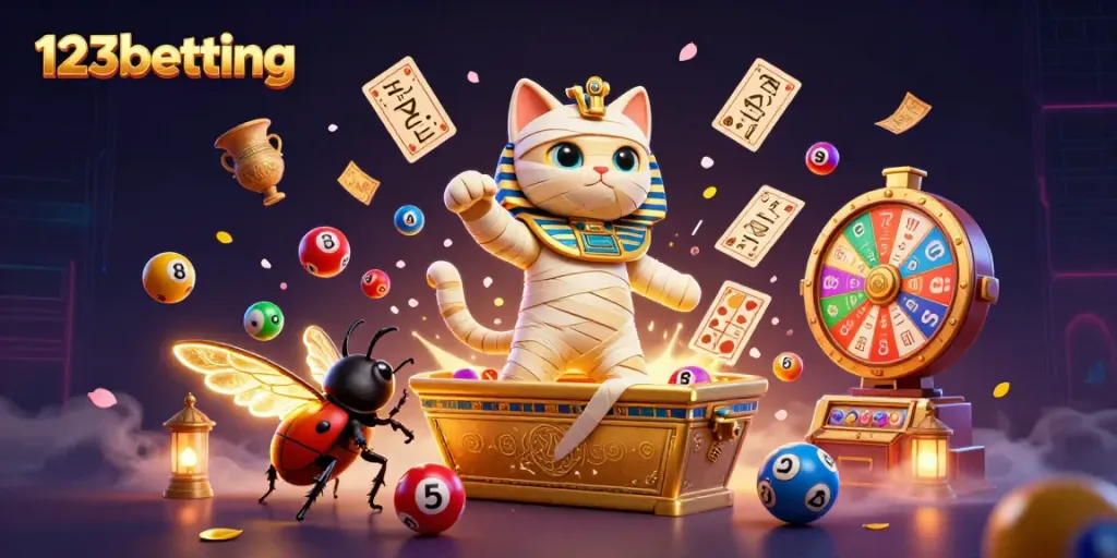 Experience immersive fun with 123betting in a vibrant pyramid casino scene featuring a mummy cat and more.
