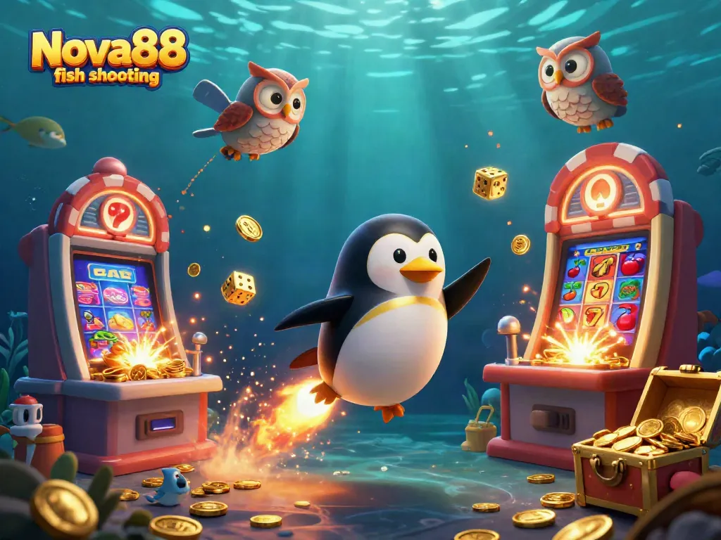 Engage in thrilling Nova88 fish shooting as a golden penguin explores an underwater casino filled with treasures.