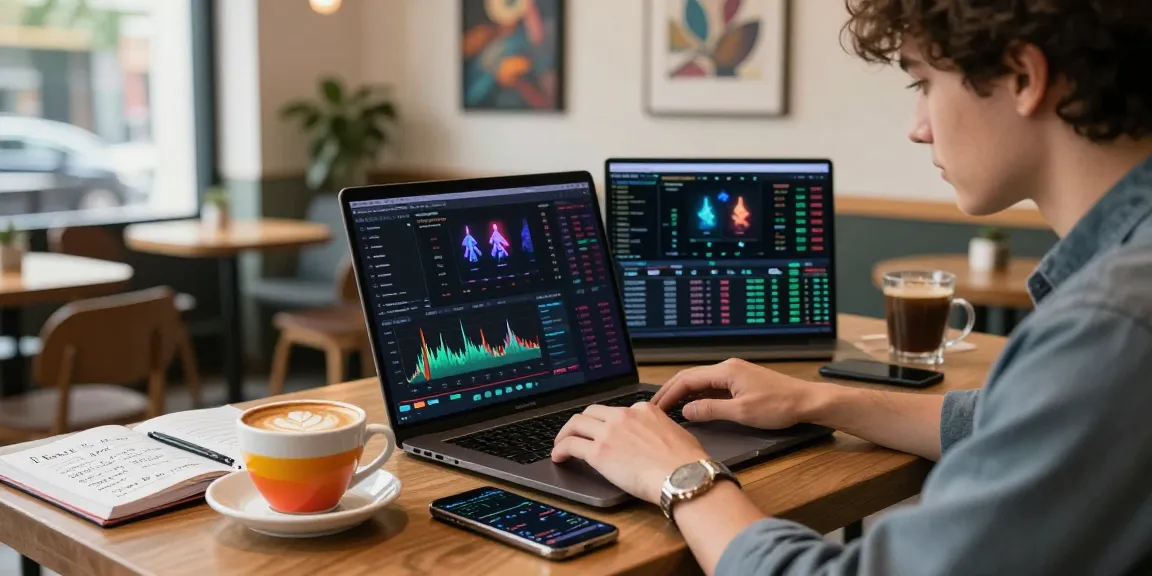 Cricbet cryptocurrency trading setup in a coffee shop, displaying NFT charts and digital wallet on laptop.