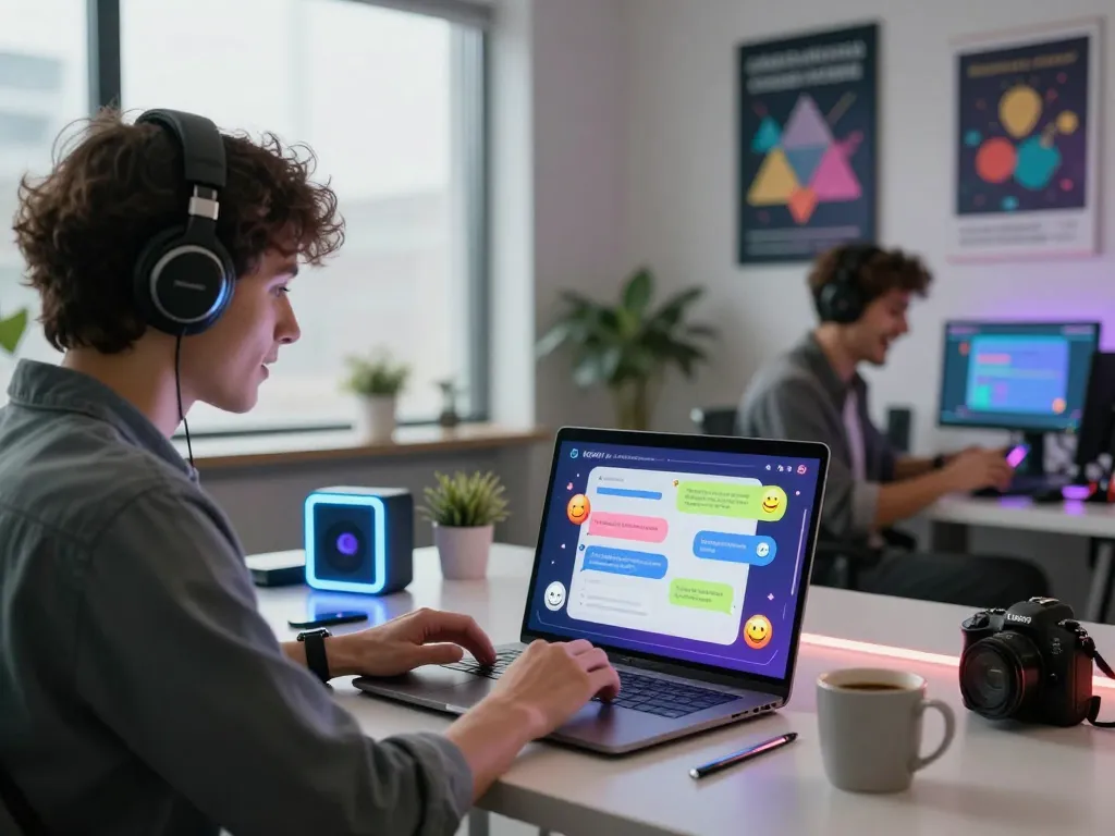 Engaging in free ai sex chat on a laptop in a modern tech workspace.