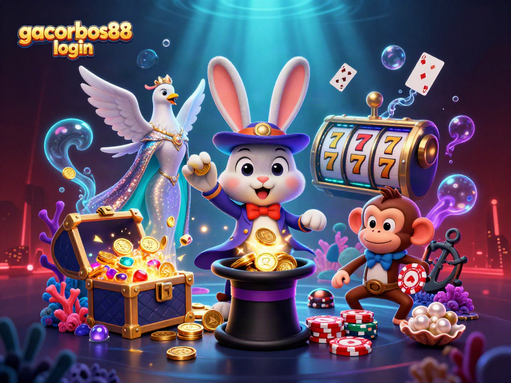 Engage with gacorbos88 login featuring a magician rabbit, treasures, and vibrant casino elements.