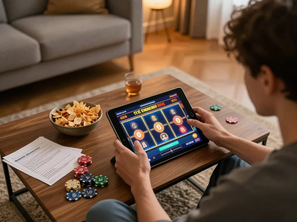 Enjoy thrilling slots gameplay on SlotsGG in a cozy living room setting with snacks and strategy notes.