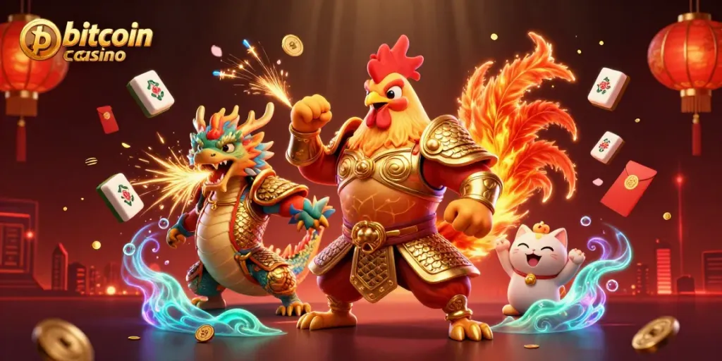 Experience the excitement of a bitcoin casino with vibrant characters and dynamic game elements.
