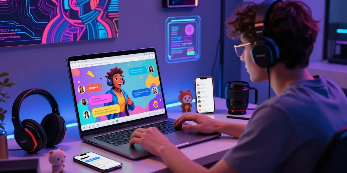 User interacting with an AI NSFW chat interface, exploring creative digital conversations in a vibrant tech space.