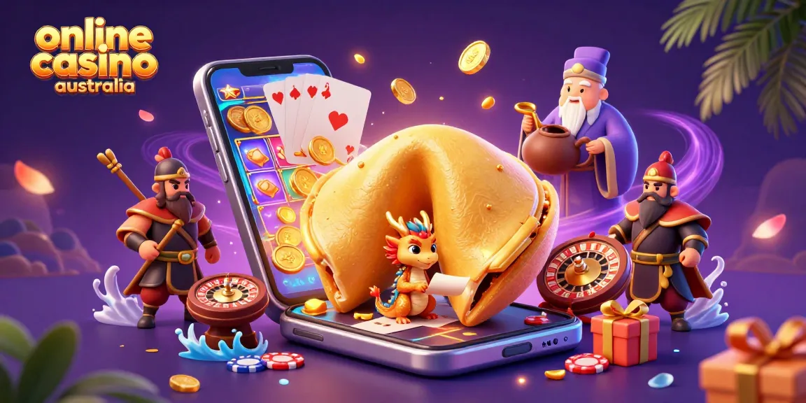 Experience excitement at online casino Australia with a dynamic scene of fortune cookies and gaming elements.
