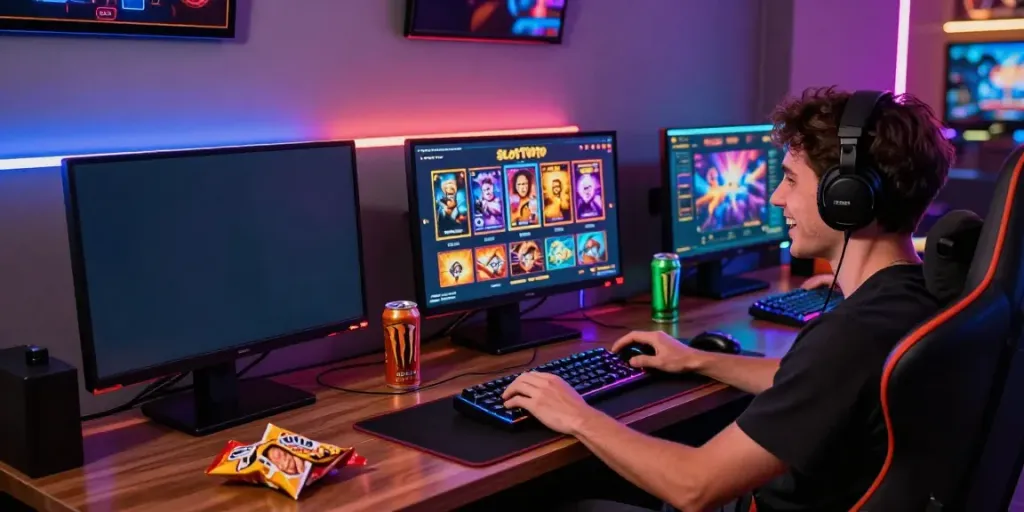Engaging SLOT TOTO gaming scene with a player using modern accessories and lively atmosphere.