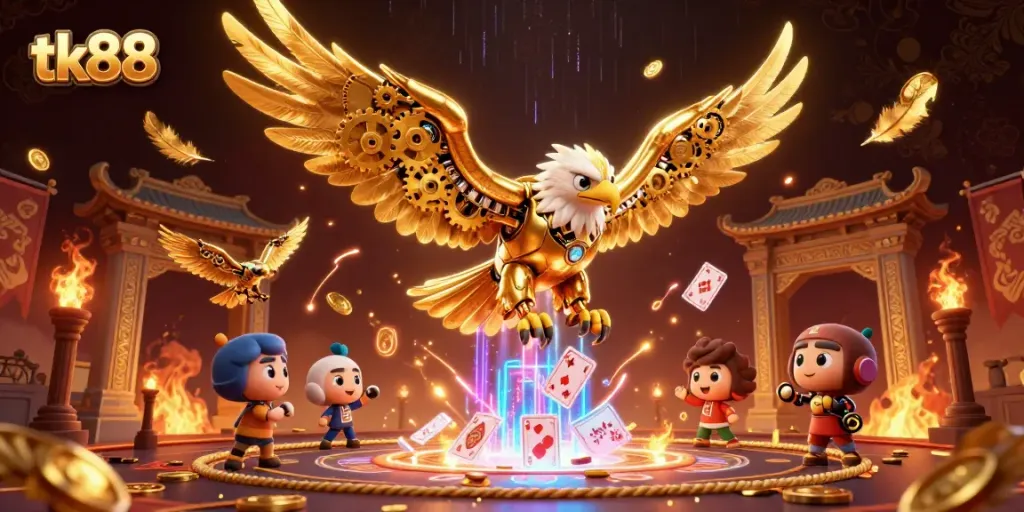 Enjoy high stakes with tk88 in an ultra-detailed 3D casino scene featuring a golden eagle and drone falcons.
