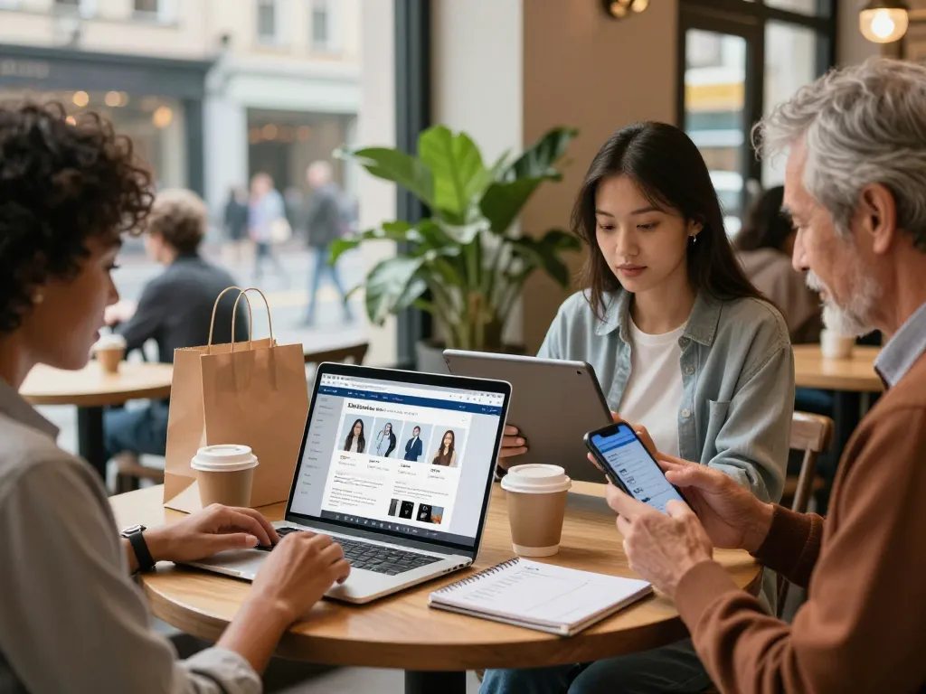 Online shopping on https://lode884.co.com/ with diverse people using laptops, tablets, and smartphones in a chic coffee shop.