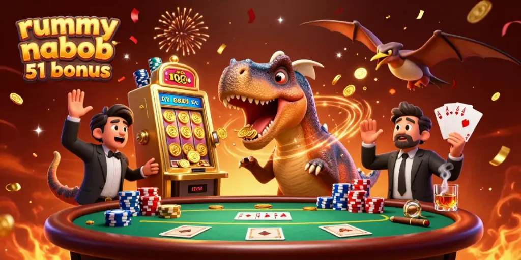 Rummy nabob 51 bonus menampilkan ilustrasi kartun 3D yang dinamis dengan dinosaurus dan mesin slot.
