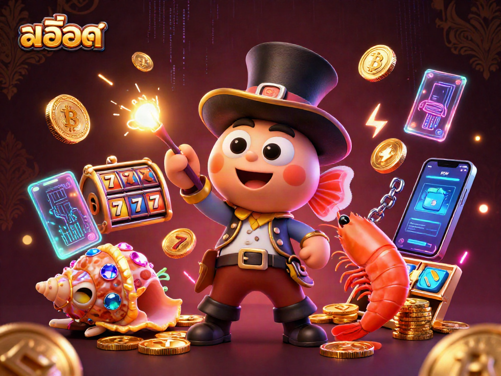 Engage in สล็อต gameplay with a vibrant illustration featuring a fishing anglerfish attracting jackpot coins.