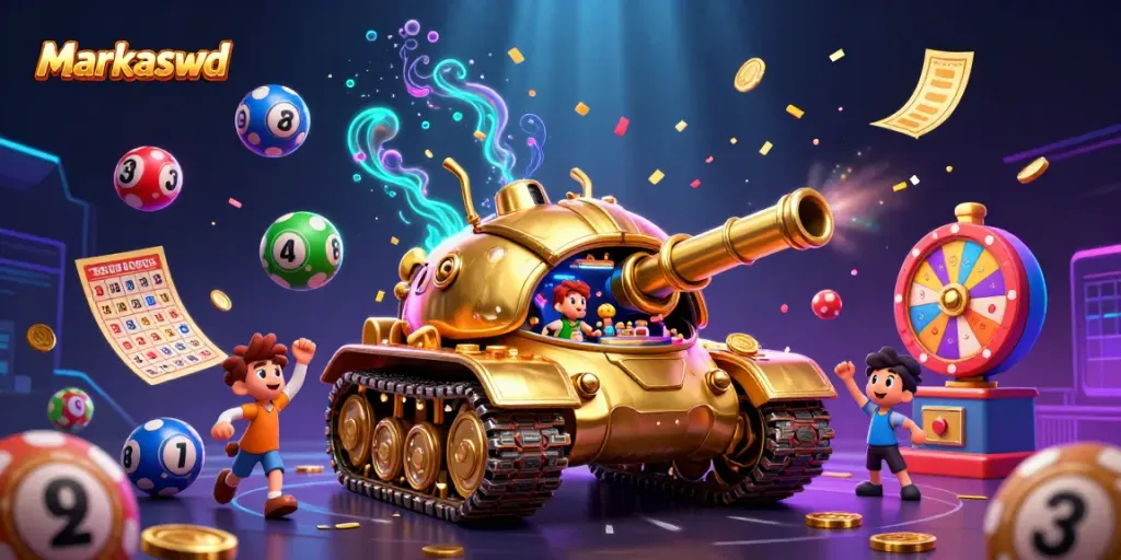 Engage with Markaswd's vibrant slot and lottery extravaganza in a dynamic 3D casino scene.