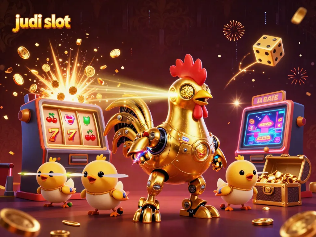 Gambaran judi slot yang menampilkan robot ayam emas futuristik dengan efek jackpot yang memukau