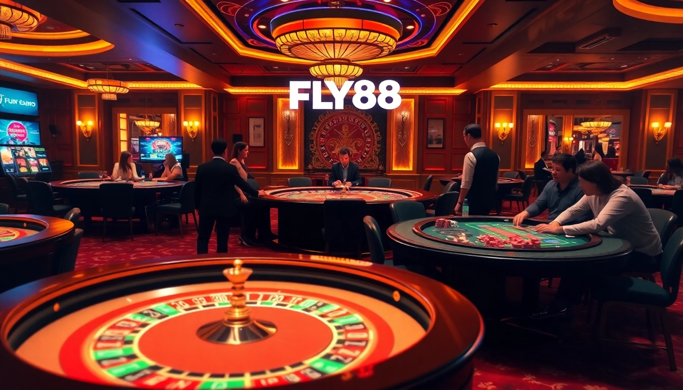 Exciting poker game at FLY88 casino with vibrant chips and cards, showcasing high-stakes gambling.