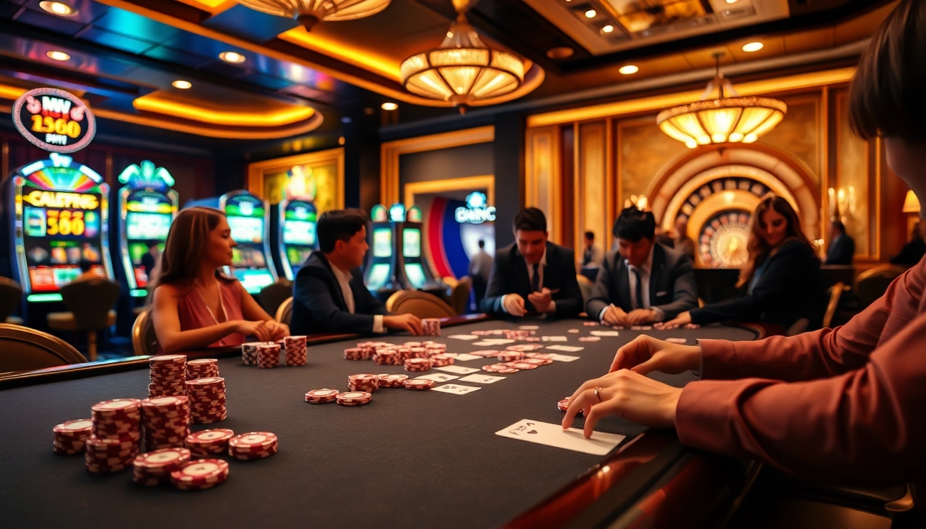 Engaging poker game scene at mu88 casino nhà cái uy tín with vibrant chips and cards.