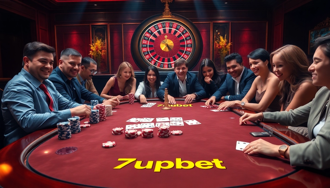Poker players engaged in a thrilling game at the 7upbet casino table, showcasing excitement and high stakes.