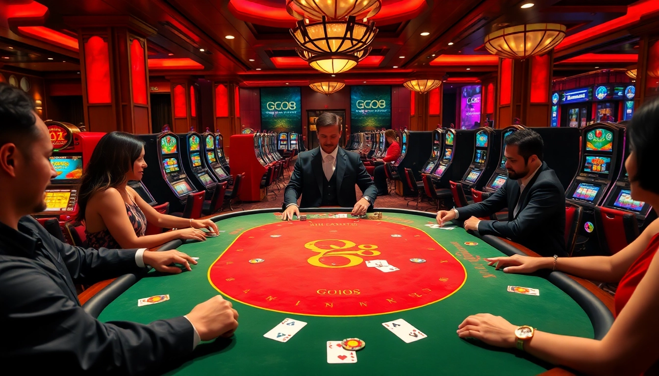 Engage in a thrilling GO8 gaming experience at a luxurious casino table filled with poker chips and cards.