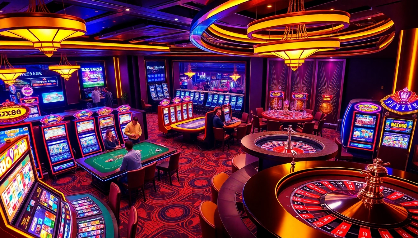 Experience exciting gameplay at XX88 COM with a vibrant casino scene featuring poker and slot machines.