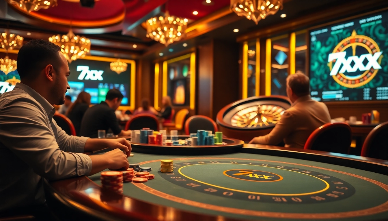 שחקנים נהנים ממשחק פוקר בשולחן בקזינו עם לוגו 7xl, אווירה תוססת.