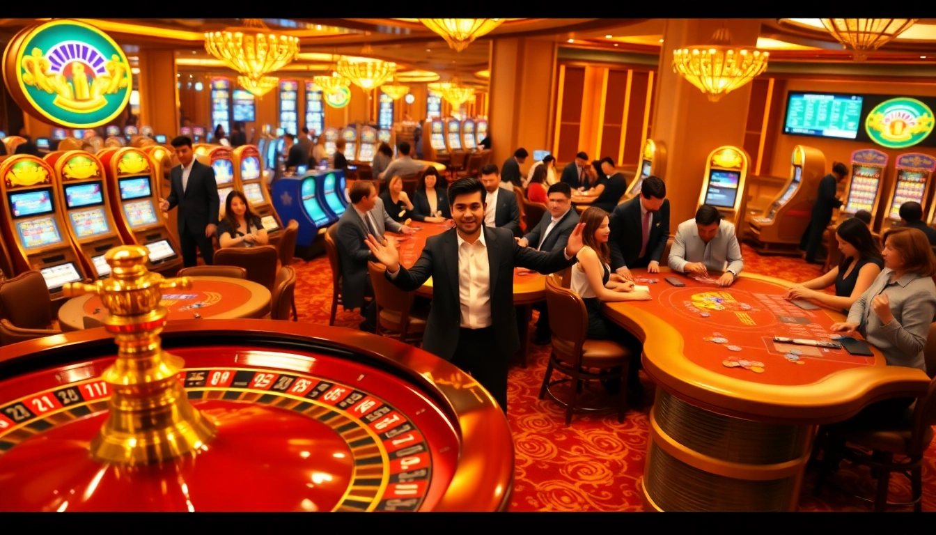Gambling excitement at https://rr88co.net/ with vibrant poker tables, roulette wheels, and slot machines.