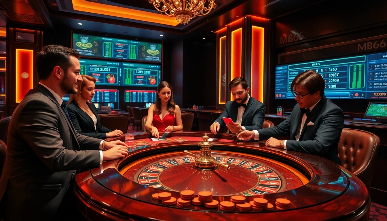 Experience the thrill of gaming at MB66's luxurious casino lounge with excited players.