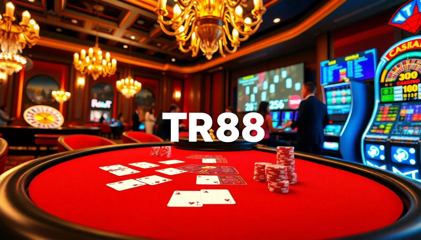 Engaging gamblers at the TR88 blackjack table surrounded by vibrant poker chips and bright slot machines.