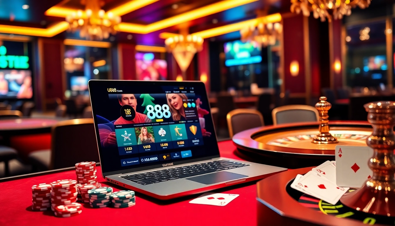 Experience thrilling u888 online casino action with vibrant tables, poker chips, and gold accents.