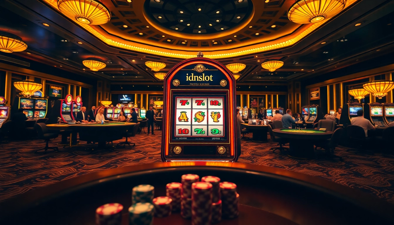 Engaging players at the idnslot machine with colorful poker chips and roulette wheels around.
