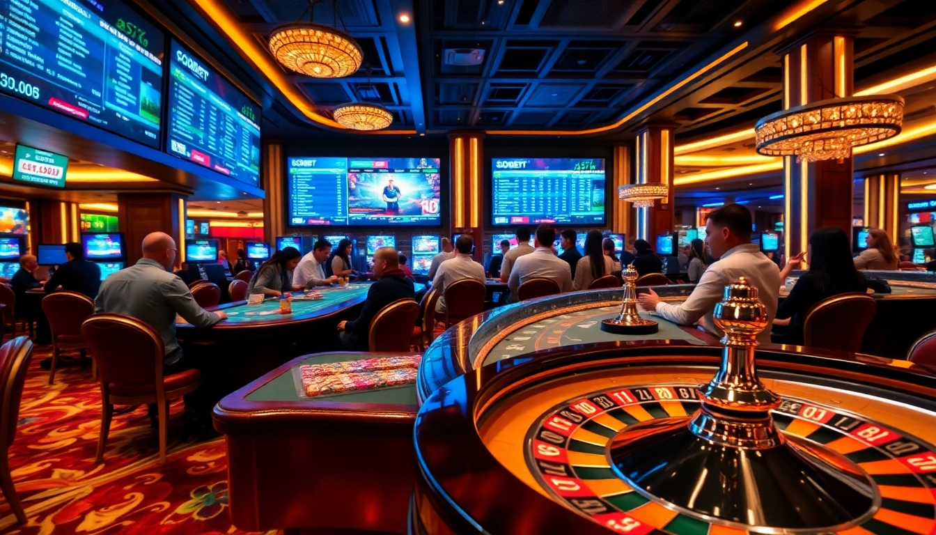 SBOBet betting action at a luxurious casino, showcasing vibrant sports betting tables and engaged players.