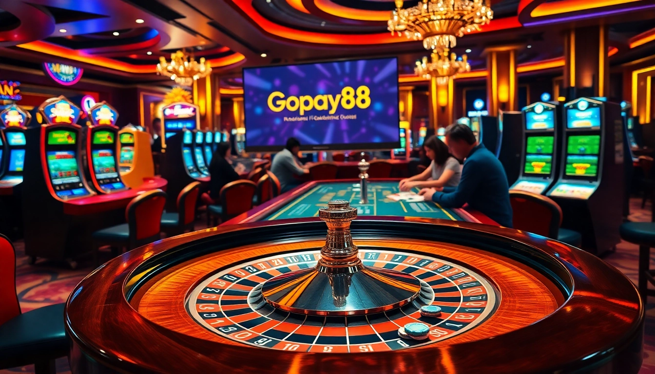 Thrilling casino action showcasing various games, emphasizing Gopay88 and a vibrant gambling environment.