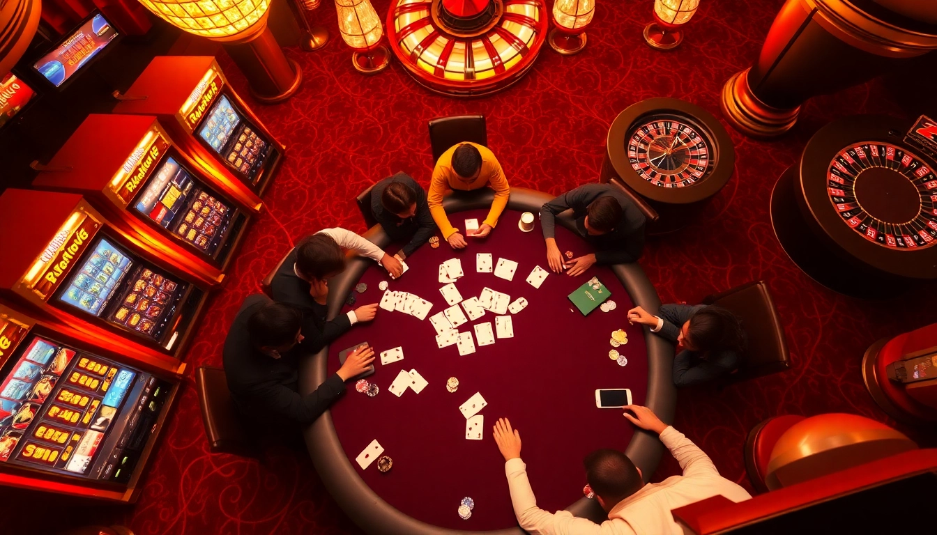 Players strategizing their bets at a poker table inspired by 1haywin.us.com, surrounded by casino excitement.