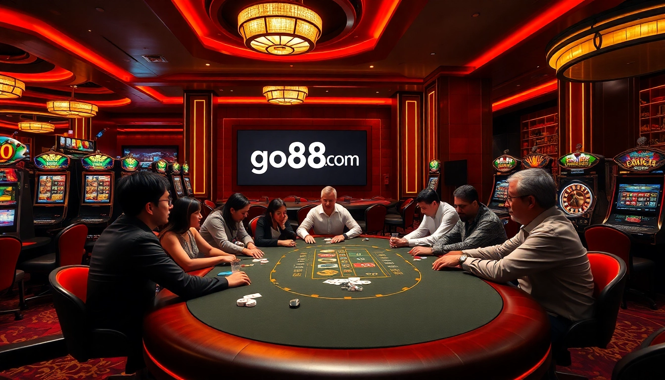 Experience the excitement of go88.com with players at a vibrant poker table in a luxurious casino setting.