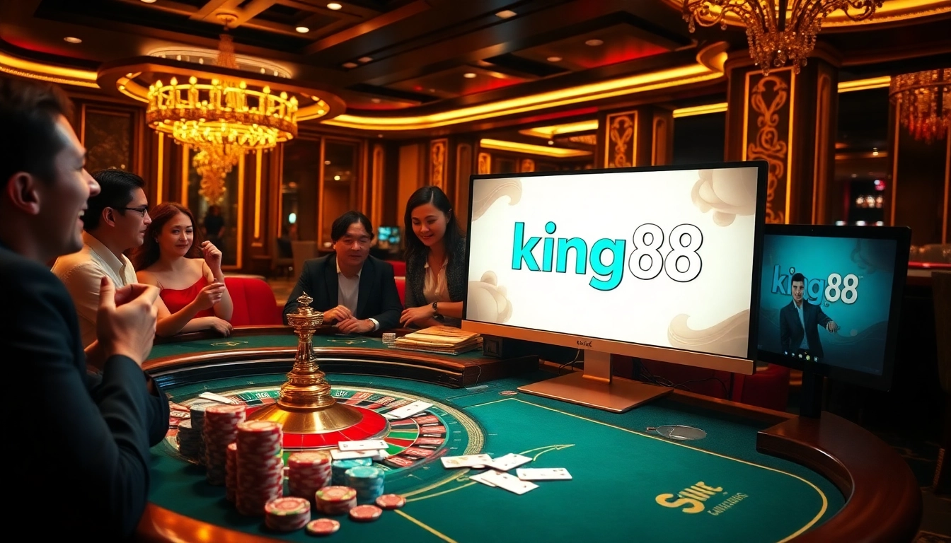 Experience luxury gaming at king88.com with vibrant casino tables, cards, and roulette in a lively scene.