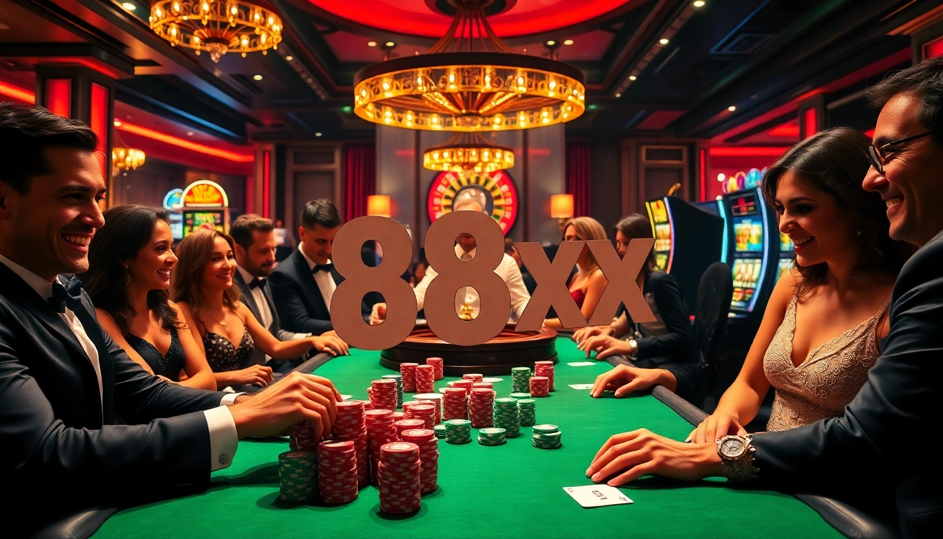 Players enjoying a high-stakes game at a luxurious casino with 88xx-themed betting slips.